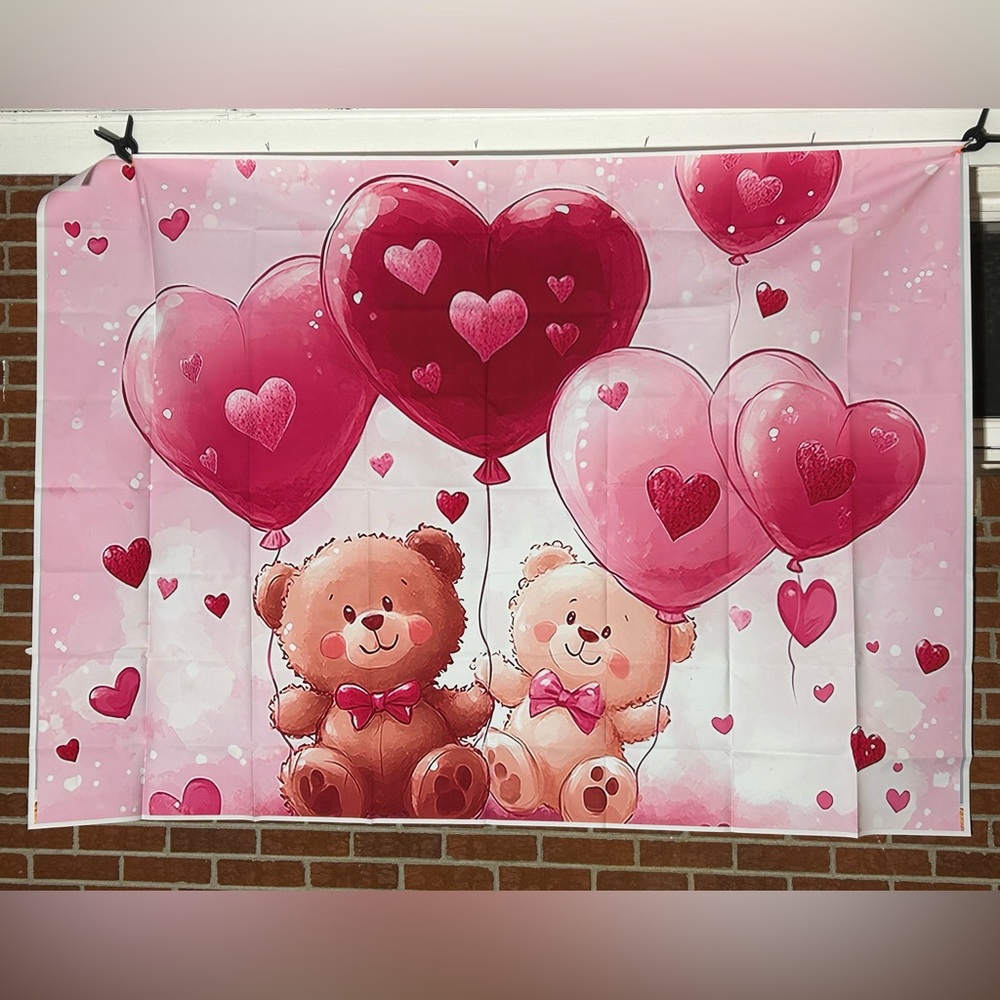 Valentine’s Day Teddy Bears and Balloons,5 x 7,light brown,red and pink